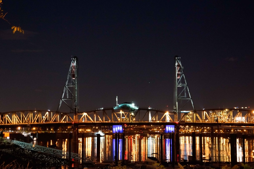Portland bridges and harbor at night 